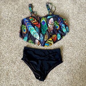 Colorful Feather Print Tankini Set Size XL